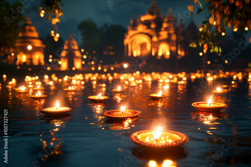 Lit lamps floating on water with a temple in the background. Copy space. Festive background for Diwali. photo