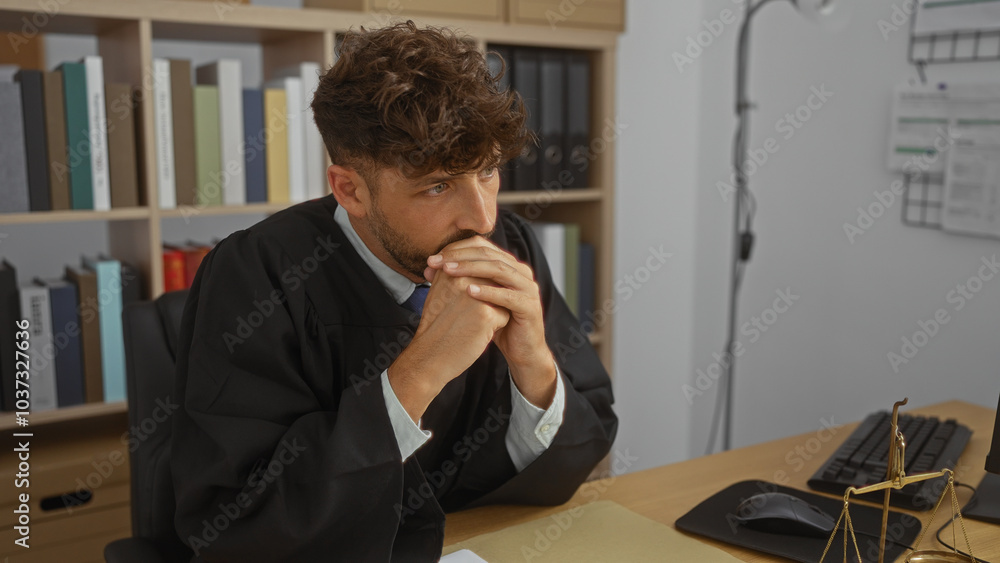 Fototapeta premium Young man in a judge's robe looking contemplative at his office desk in a professional workplace setting