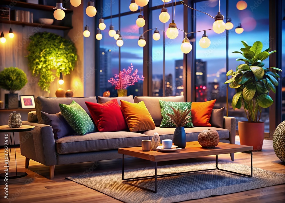 Modern Living Room with a Splash of Color and Bokeh Effect for Vibrant Interior Decor Modern Living Room with a Splash of Color and Bokeh Effect for Vibrant Interior Decor