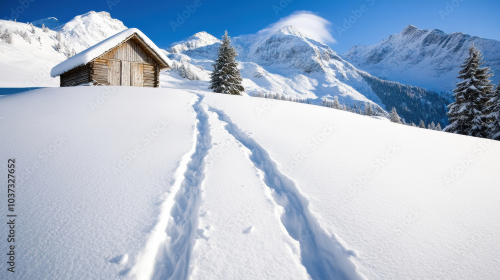 Fototapeta premium serene winter landscape with snowshoe tracks leading to small hut