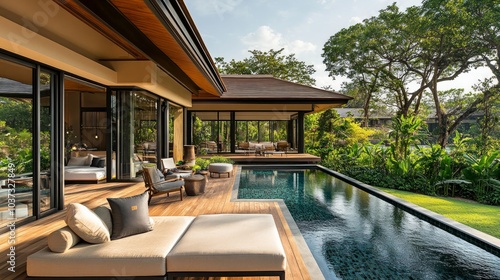 Luxurious villa with a private pool and a patio overlooking a lush green tropical garden. photo