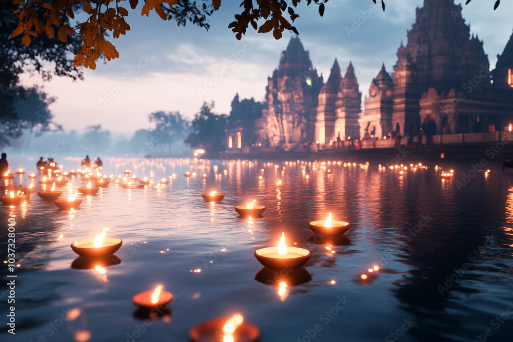 Obraz premium Lit lamps floating on water with a temple in the background. Copy space. Festive background for Diwali.