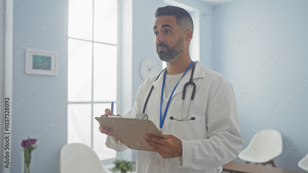 Hispanic male doctor in white coat with stethoscope holding clipboard in clinic. Hispanic male doctor in white coat with stethoscope holding clipboard in clinic.
