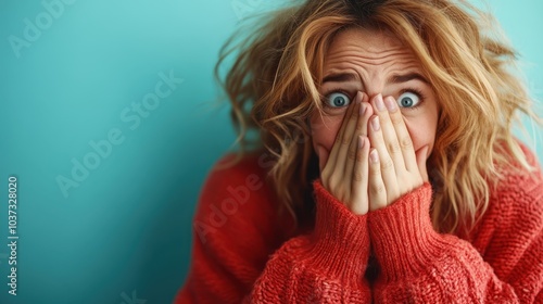 A woman in a red sweater exhibits a surprised expression, eyes wide open, and hands covering her mouth in a reaction of shock and wonder, against a soft background.