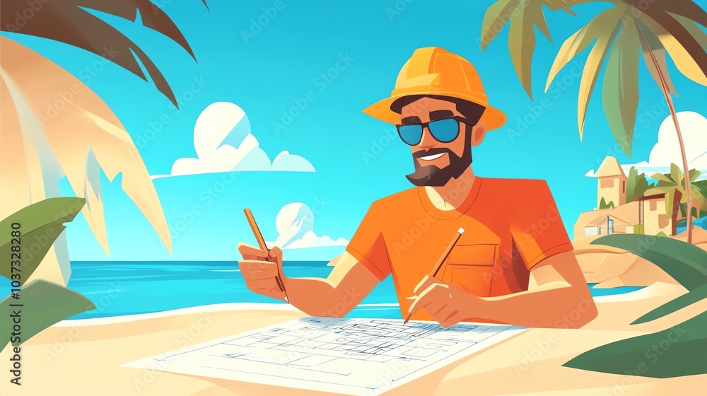 A man in sunglasses and hard hat working on plans at a beach. A man in sunglasses and hard hat working on plans at a beach.