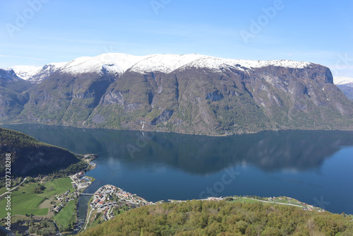 Panoramic view of the Aurlandsfjord from Stegastein Viewpoint, Norway photo