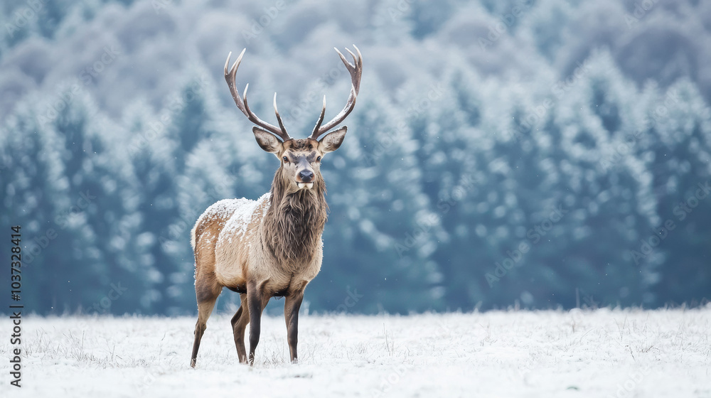 Wild deer foraging in snow, showcasing its majestic antlers and serene surroundings Wild deer foraging in snow, showcasing its majestic antlers and serene surroundings