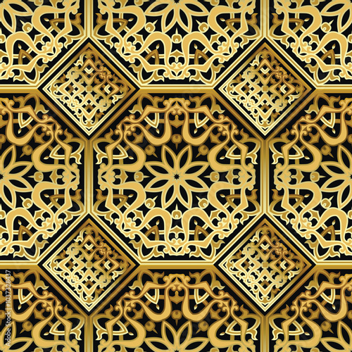 Gold luxuey 3d arabesque vintage seamless pattern. Ornamental floral gold and black background. Repeat vector backdrop. Beautiful ornaments. Endless ornate texture. For wallpapers, fabric, wrap, cover photo