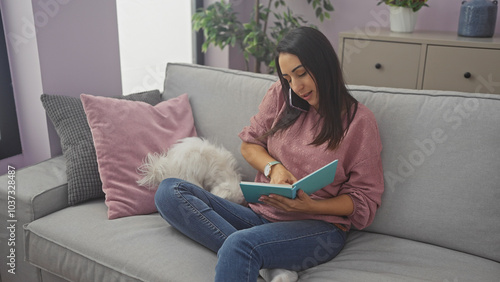 A young woman reads a book while cuddling a maltese dog on a sofa, multitasking by talking on the phone at home.