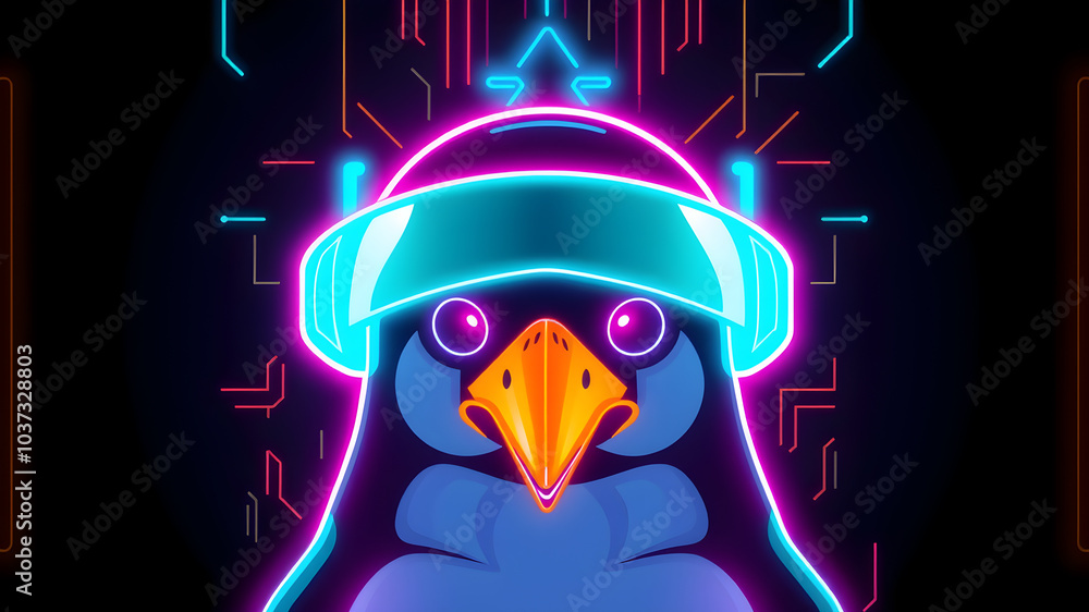 Penguin neon avatar vector-style image of cyberpunk head. Generative AI Penguin neon avatar vector-style image of cyberpunk head. Generative AI