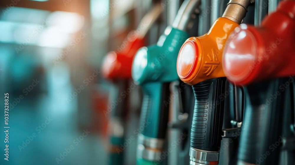 Detailed close-up shot capturing the vivid colors of fuel pump nozzles ...
