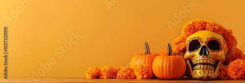 Day of the Dead, a sugar skull with marigolds and pumpkins