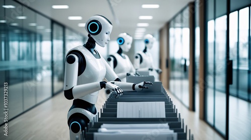 In a sleek office environment, robotic figures are actively sorting and organizing documents in a filing system, showcasing advancements in automation and technology