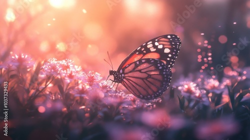 Elegant Butterfly on Blooming Flowers in Soft Light