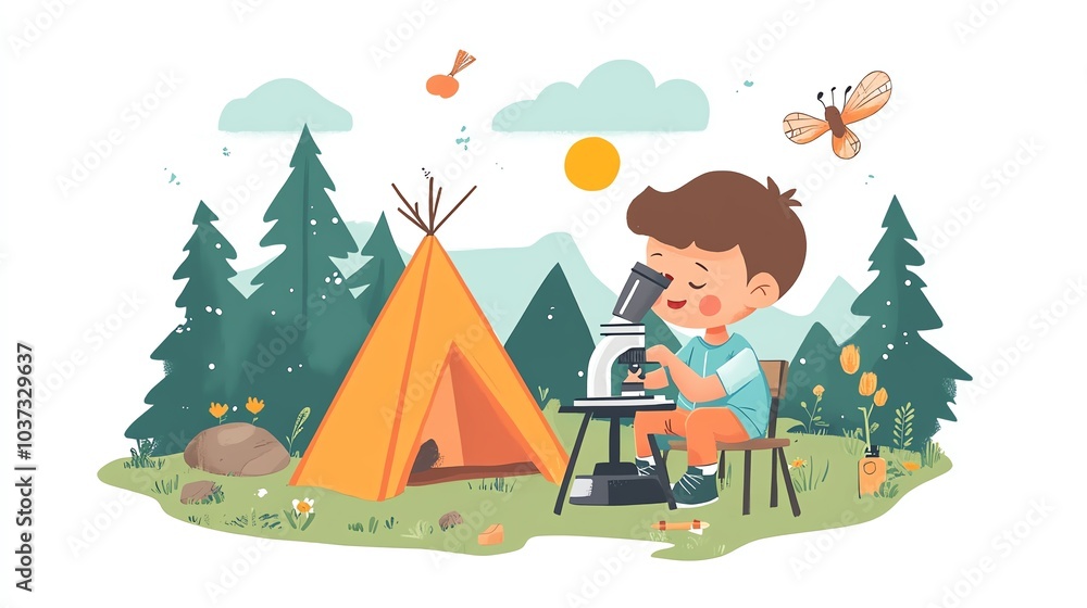 Naklejka premium Boy examining nature through a microscope near a camping tent.