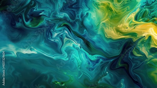 Abstract Swirling Colors in Green, Blue, and Yellow