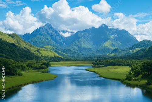 Serene landscape featuring mountains, a river, and lush greenery under a blue sky.