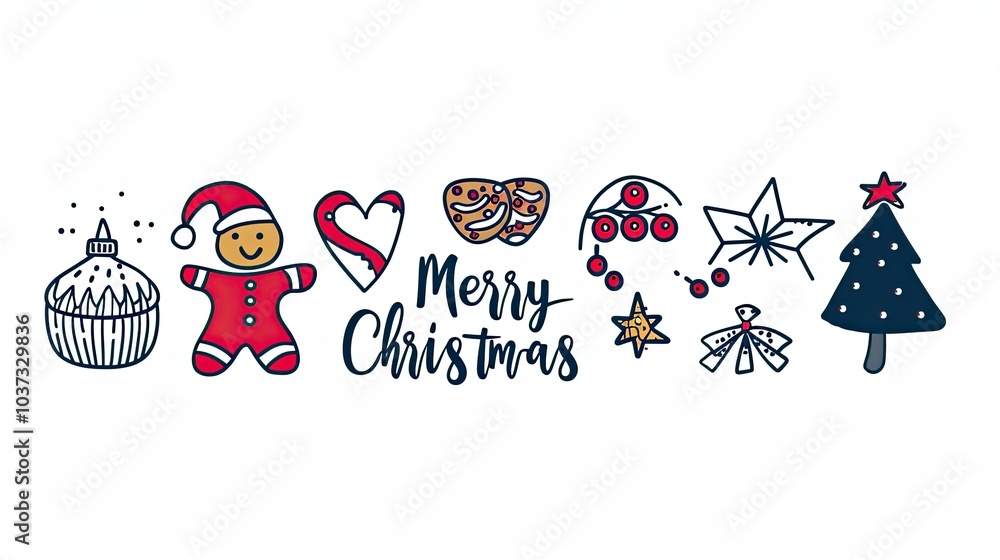 Fototapeta premium Set of Christmas icons, line art style vector illustration with the inscription 