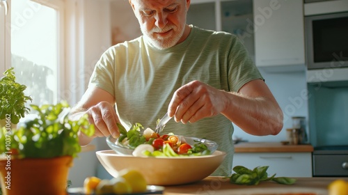 A senior man enjoys preparing a fresh salad in a bright kitchen.