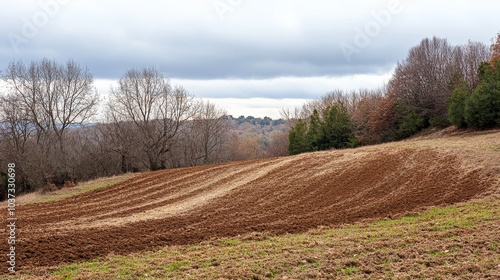 A hillside stripped of trees reveals freshly tilled earth ready for planting in spring