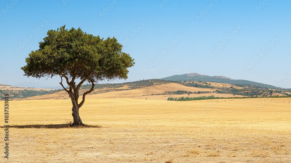 Fototapeta premium A lone tree stands resilient amidst a parched landscape during a sunny drought