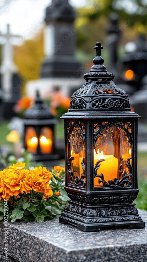 Candles in decorative lanterns on graves, close-up. Candles in decorative lanterns on graves, close-up.