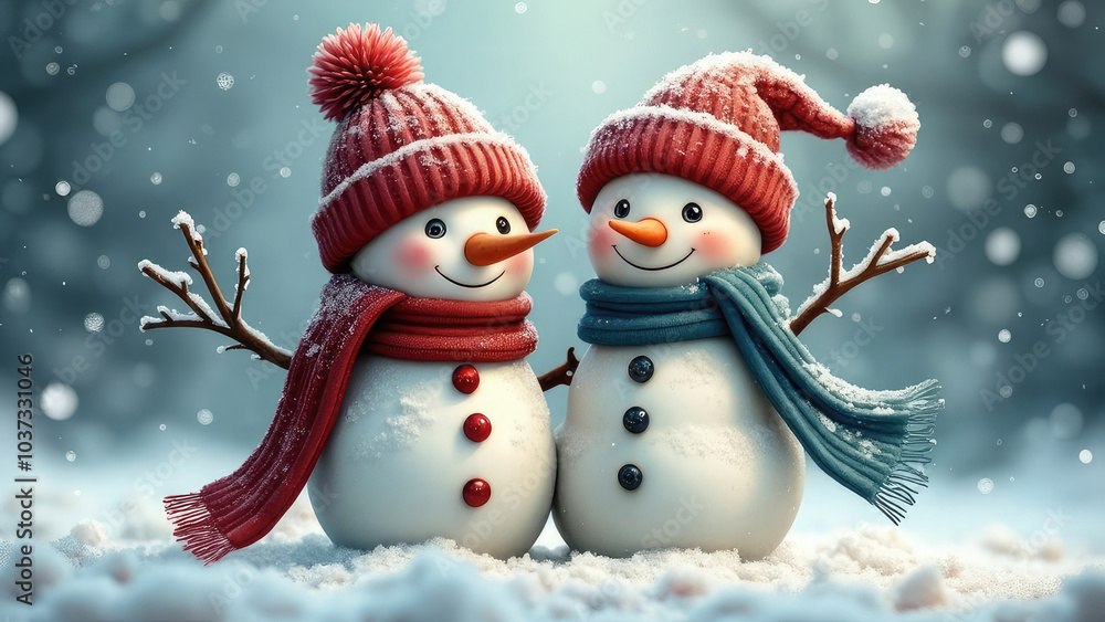 Whimsical, festive winter scene, featuring two cute snowman with colorful hats and scarves, standing on soft snow in a magical winter wonderland Whimsical, festive winter scene, featuring two cute snowman with colorful hats and scarves, standing on soft snow in a magical winter wonderland
