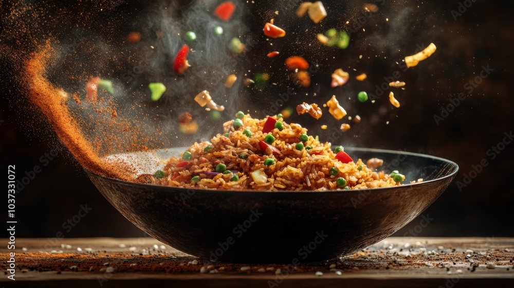 Colorful Ingredients Falling into a Bowl of Rice Colorful Ingredients Falling into a Bowl of Rice