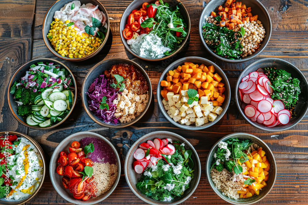 Table with a variety of colorful bowls of food, including some with avocado and broccoli. The bowls are arranged in a row, and the overall mood of the image is healthy and inviting Table with a variety of colorful bowls of food, including some with avocado and broccoli. The bowls are arranged in a row, and the overall mood of the image is healthy and inviting