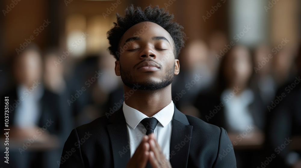 A young man with closed eyes prays quietly in a formal setting filled with attendees, showcasing moments of reflection and serenity A young man with closed eyes prays quietly in a formal setting filled with attendees, showcasing moments of reflection and serenity