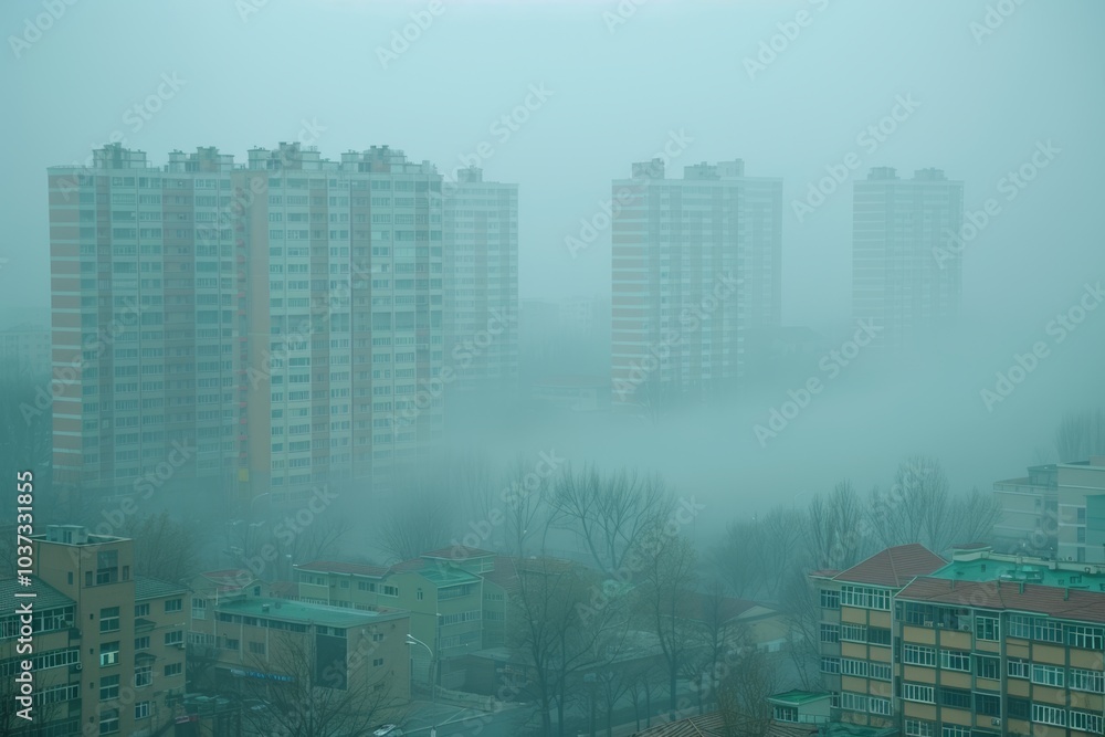 Obraz premium Foggy cityscape view of high-rise buildings shrouded in mist during early morning hours