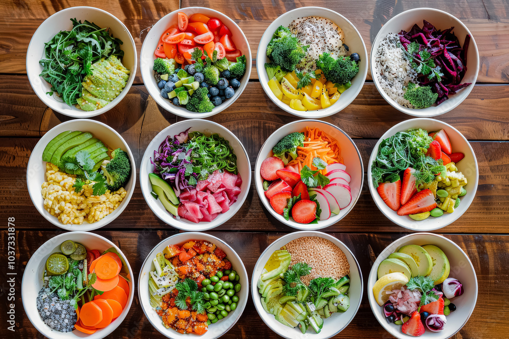 Table full of bowls of various fruits and vegetables. The bowls are arranged in a row, and the colors and types of food are diverse. Concept of abundance and variety Table full of bowls of various fruits and vegetables. The bowls are arranged in a row, and the colors and types of food are diverse. Concept of abundance and variety