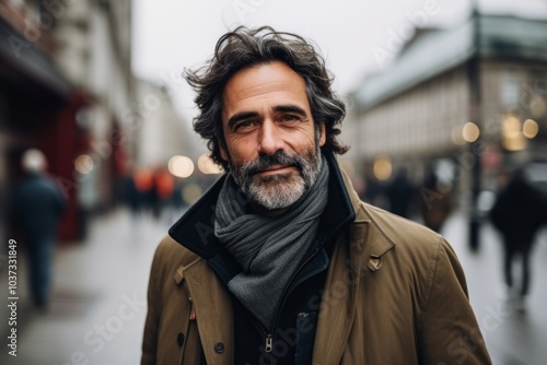 Portrait of a bearded middle-aged man in a coat and scarf on a city street.