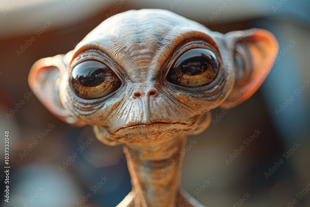 A close-up of an alien figure with large expressive eyes displayed against a blurred background in a desert-like environment A close-up of an alien figure with large expressive eyes displayed against a blurred background in a desert-like environment