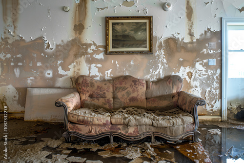 A neglected living room features a soiled couch, peeling paint, and water-damaged walls, revealing the aftermath of a rainstorm. The atmosphere depicts neglect and disrepair