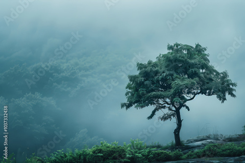 A lone tree rises from rocky terrain, surrounded by thick fog that envelops distant mountains in the early morning hours, creating a serene atmosphere