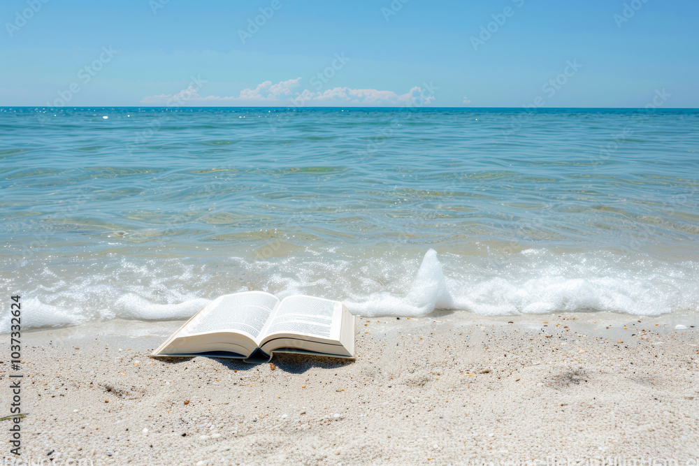 An open book lies on the sandy beach, partially covered by small waves that roll in gently. The scene captures the tranquility of a sunny day by the ocean An open book lies on the sandy beach, partially covered by small waves that roll in gently. The scene captures the tranquility of a sunny day by the ocean