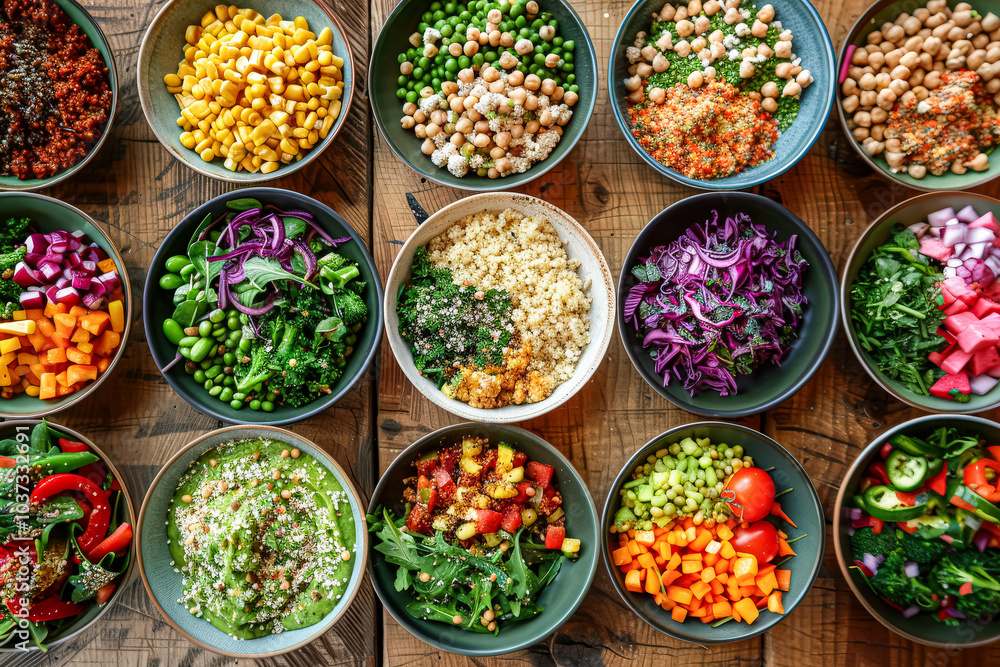 Table full of bowls of various fruits and vegetables. The bowls are arranged in a row, and the colors and types of food are diverse. Concept of abundance and variety Table full of bowls of various fruits and vegetables. The bowls are arranged in a row, and the colors and types of food are diverse. Concept of abundance and variety