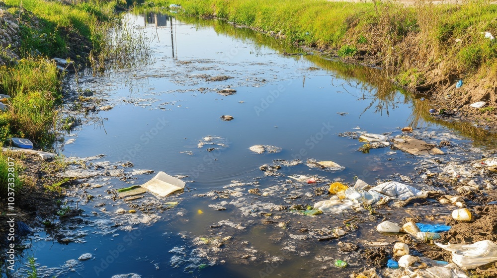 A neglected canal filled with industrial waste and debris reflecting the surrounding greenery A neglected canal filled with industrial waste and debris reflecting the surrounding greenery