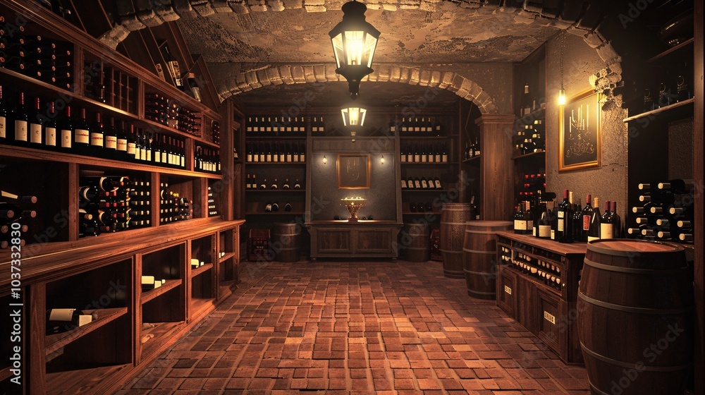 A luxurious wine cellar with fine wooden wine racks, vintage wine bottles and lighting A luxurious wine cellar with fine wooden wine racks, vintage wine bottles and lighting