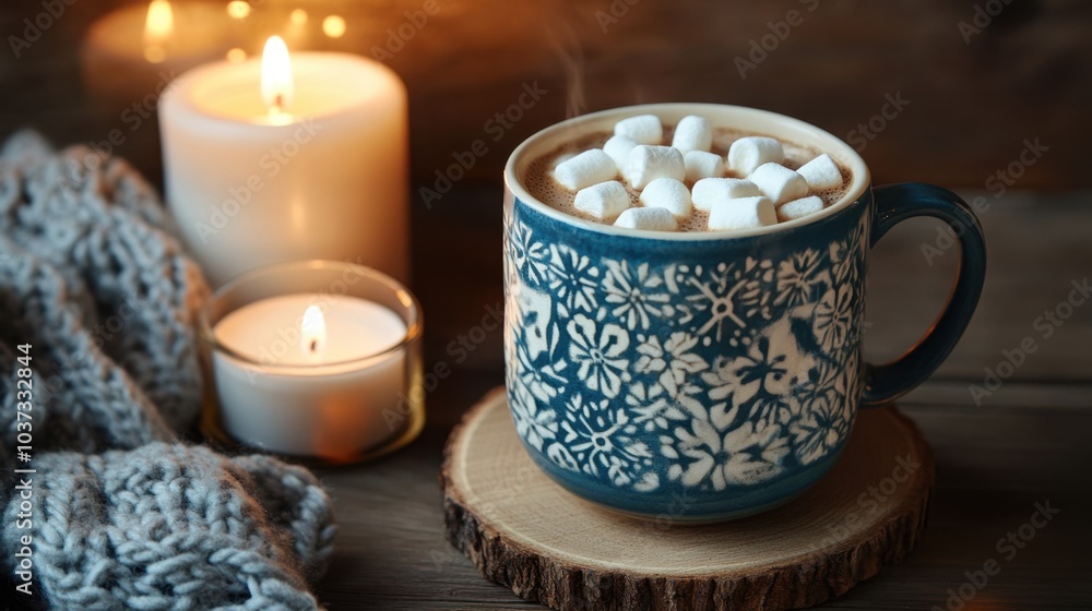 Cozy handmade ceramic mug of hot chocolate with marshmallows on rustic wooden surface, enhanced by knit scarf and candlelight ambiance Cozy handmade ceramic mug of hot chocolate with marshmallows on rustic wooden surface, enhanced by knit scarf and candlelight ambiance