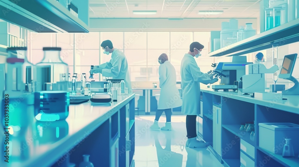 A group of scientists are working in a lab, with a blue and white color scheme A group of scientists are working in a lab, with a blue and white color scheme