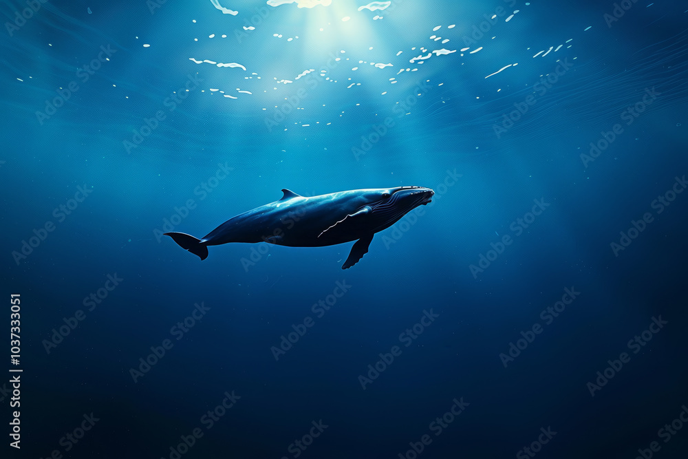 Obraz premium A whale swims effortlessly in the deep ocean, illuminated by sunlight filtering through the water's surface, showcasing its grace and majesty