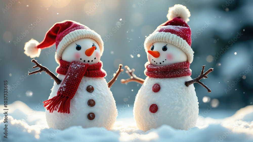 Fototapeta premium Whimsical, festive winter scene, featuring two cute snowman with colorful hats and scarves, standing on soft snow in a magical winter wonderland