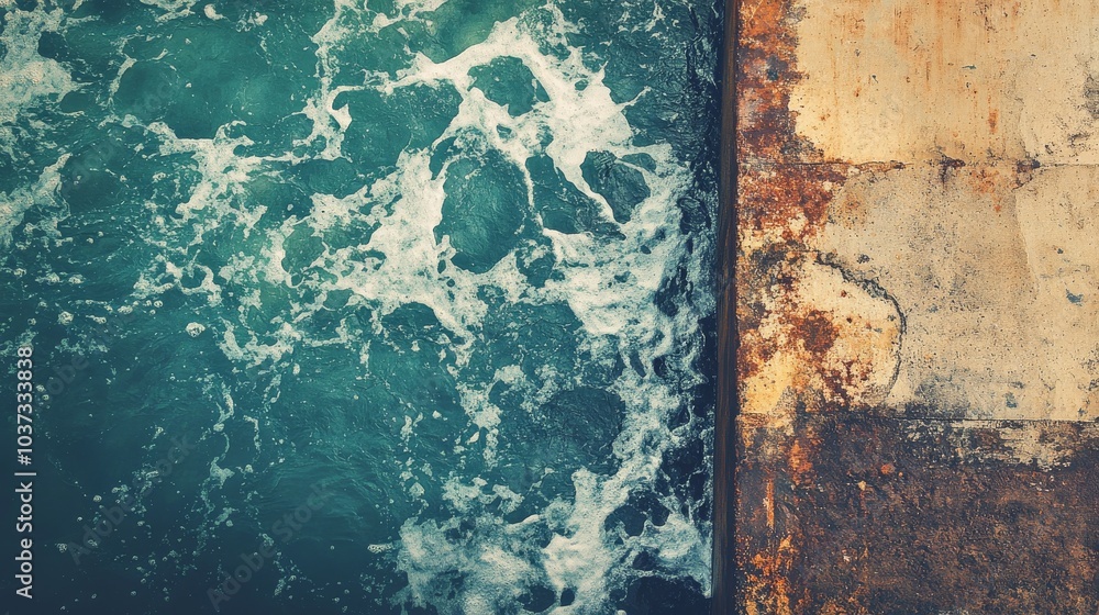 A worn seawall fights against crashing waves and coastal erosion A worn seawall fights against crashing waves and coastal erosion