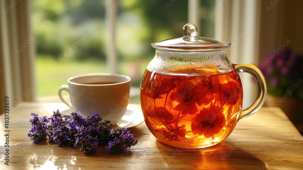 An elegant glass teapot filled with vibrant herbal tea sits next to a white cup and fresh lavender flowers in bright afternoon sunlight An elegant glass teapot filled with vibrant herbal tea sits next to a white cup and fresh lavender flowers in bright afternoon sunlight