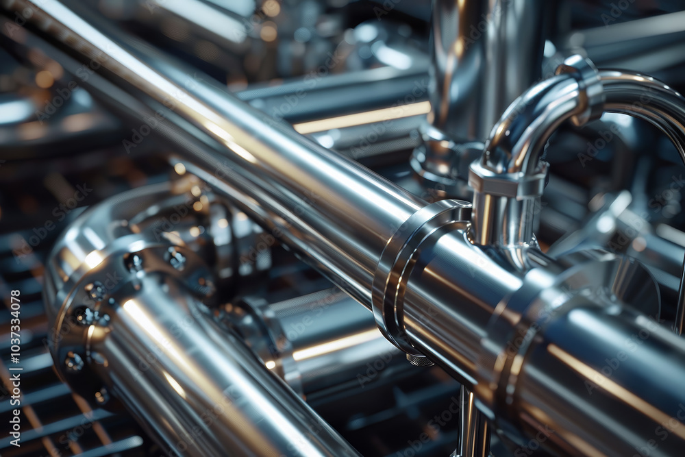Naklejka premium A detailed look at intricate metallic pipes and fittings showcasing their polished surfaces and engineering design in an industrial environment