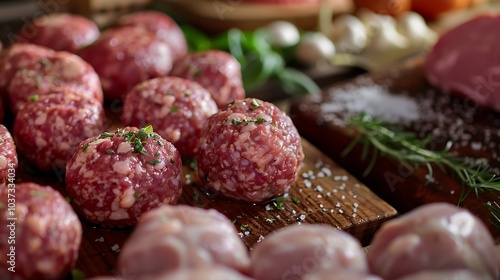 A range of meat products such as meatballs and bologna photo