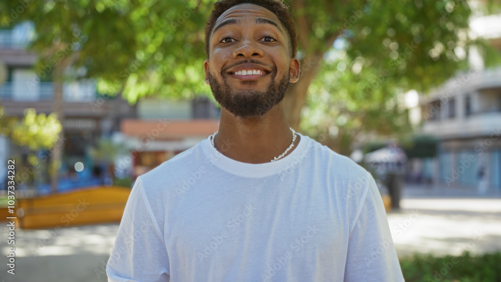 Handsome man smiles confidently in an urban park, surrounded by greenery and city buildings, capturing the essence of everyday outdoor life. Handsome man smiles confidently in an urban park, surrounded by greenery and city buildings, capturing the essence of everyday outdoor life.