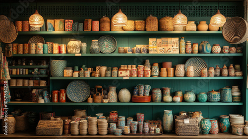 Colorful pottery and decorative items are beautifully arranged on shelves, showcasing variety of textures and patterns. warm lighting enhances inviting atmosphere of this charming display